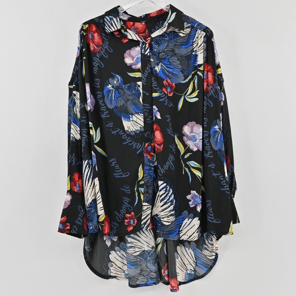Free People Silky Nights Floral Tunic Top Womens Size S Black Y2K Button Blouse